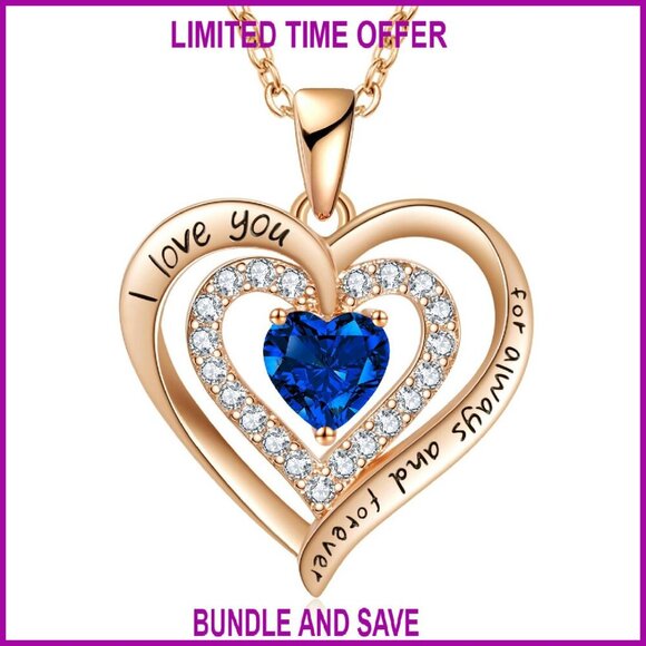 Name/Birthstone Double Heart Pendant | Montgomery Ward Double Heart Birthstone Necklace 18+10 Inch Cubic Zirconia Pendant Gift
